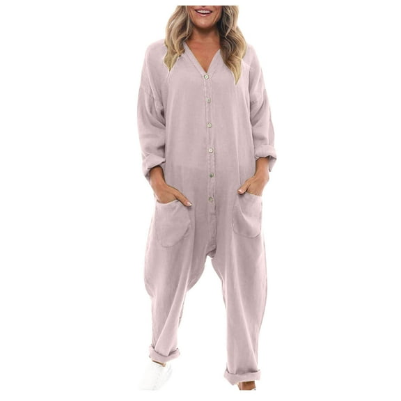 Womans Pants WomenS Spring Cotton Linen Wash Romper Casual Solid Color-Neck Button Mid-Waist Pocket Romper Pants Travel Pants Comfortable Work Pants Women