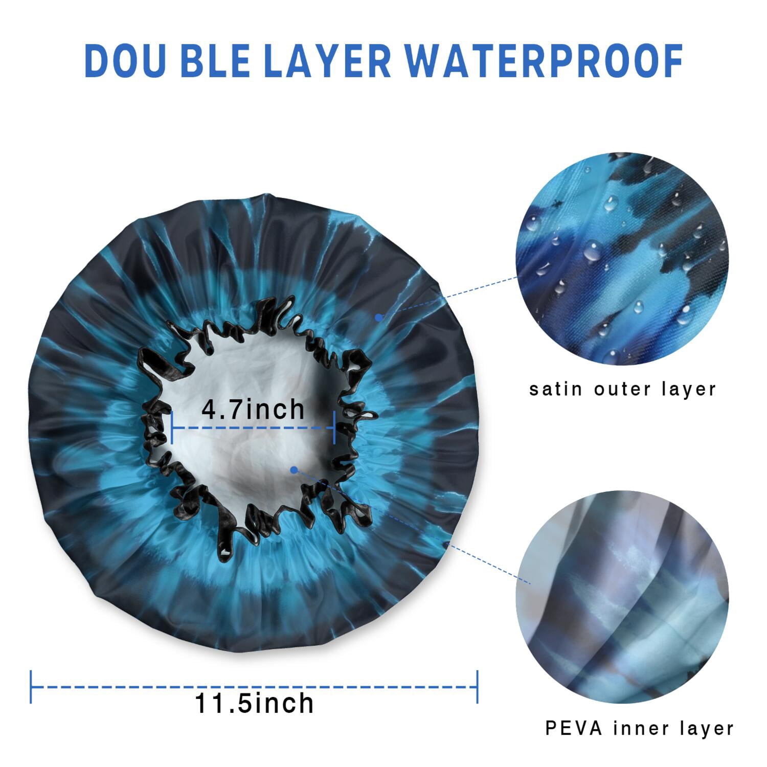 Shower Caps,Blue Tie Dye Mandala Pattern Waterproof Shower Cap for Women 4 Pieces,Double Reusable Hair Cover for Shower PEVA Elastic Stretch Hem
