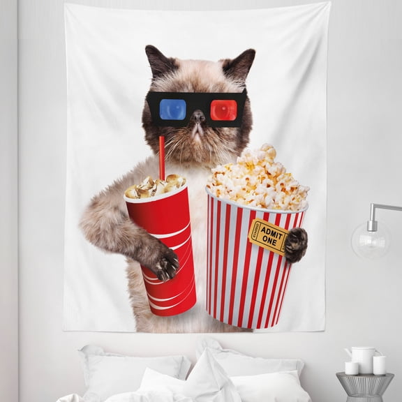 Movie Theater Tapestry, Cat Popcorn and Drink Watching Film Glasses Entertainment Cinema Fun, Fabric Wall Hanging Decor for Bedroom Living Room Dorm, 5 Sizes, Multicolor, by Ambesonne