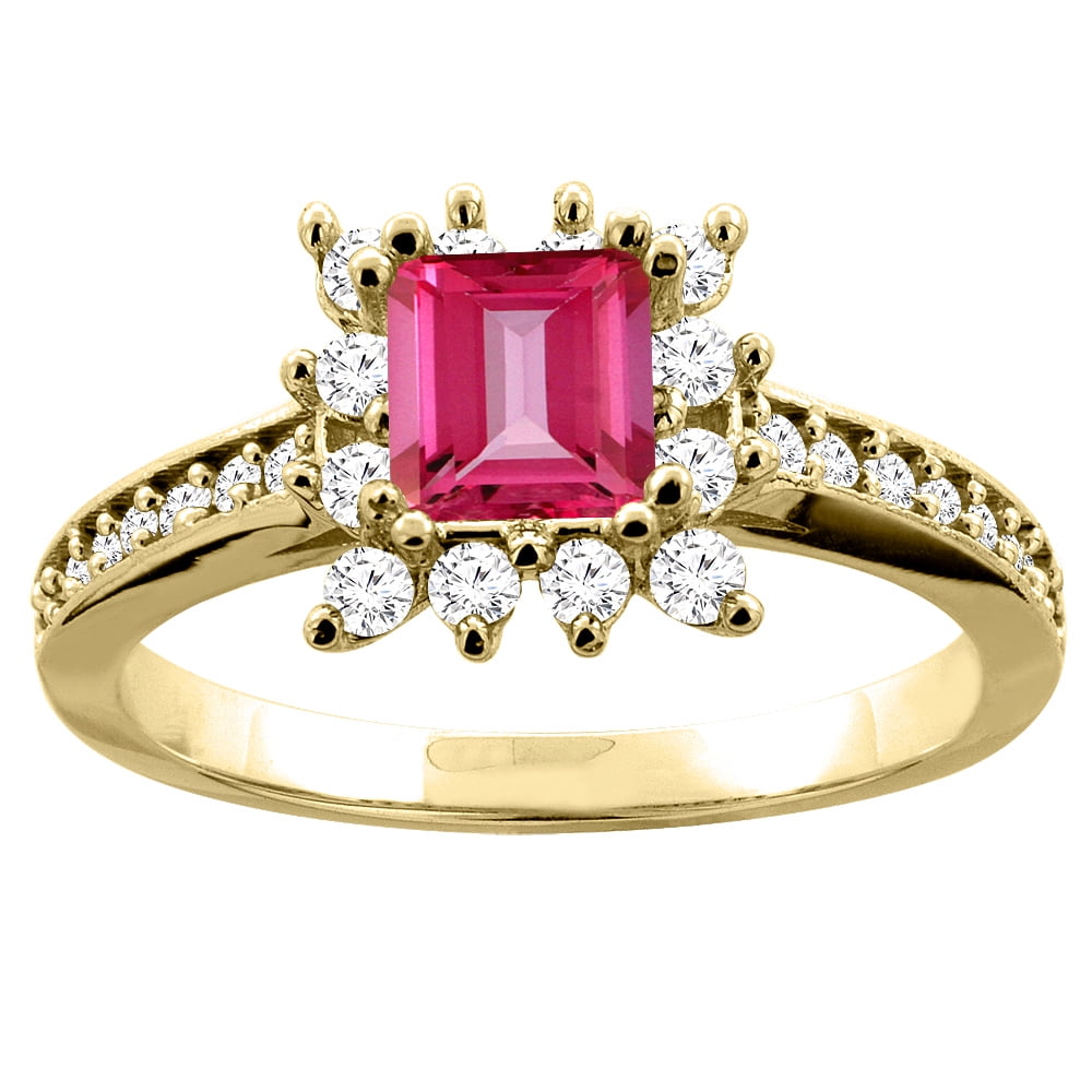 10K Yellow Gold Natural Pink Topaz Engagement Ring Diamond Accents Square 5mm, size 5.5 by Gabriella Gold