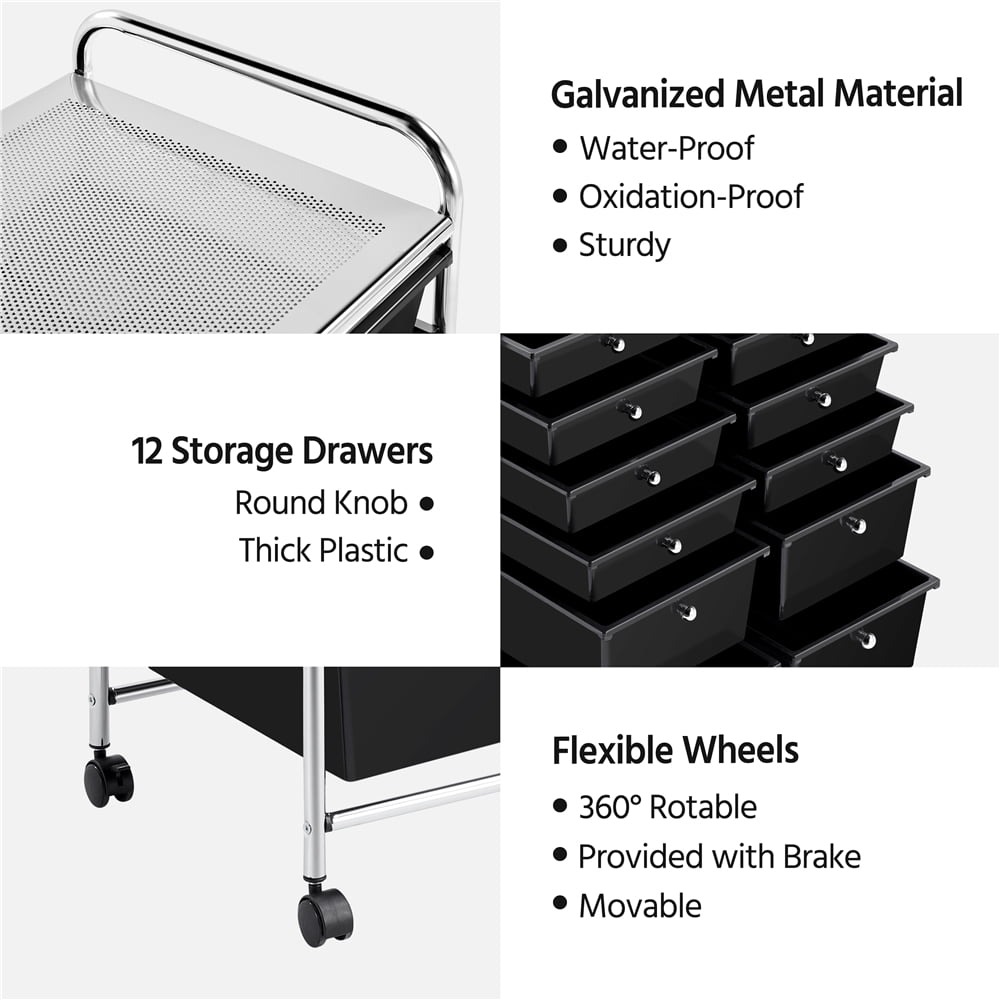 Renwick 12 Drawer Mobile Rolling Storage Cart for Home Office, Black