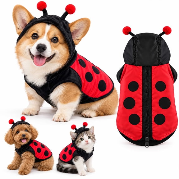 Lady Bug Dog Costume, Ladybug Pet Hoodie Outfit, for Small Dogs Cats Halloween Christmas, Soft Polyester Cosplay Apparel