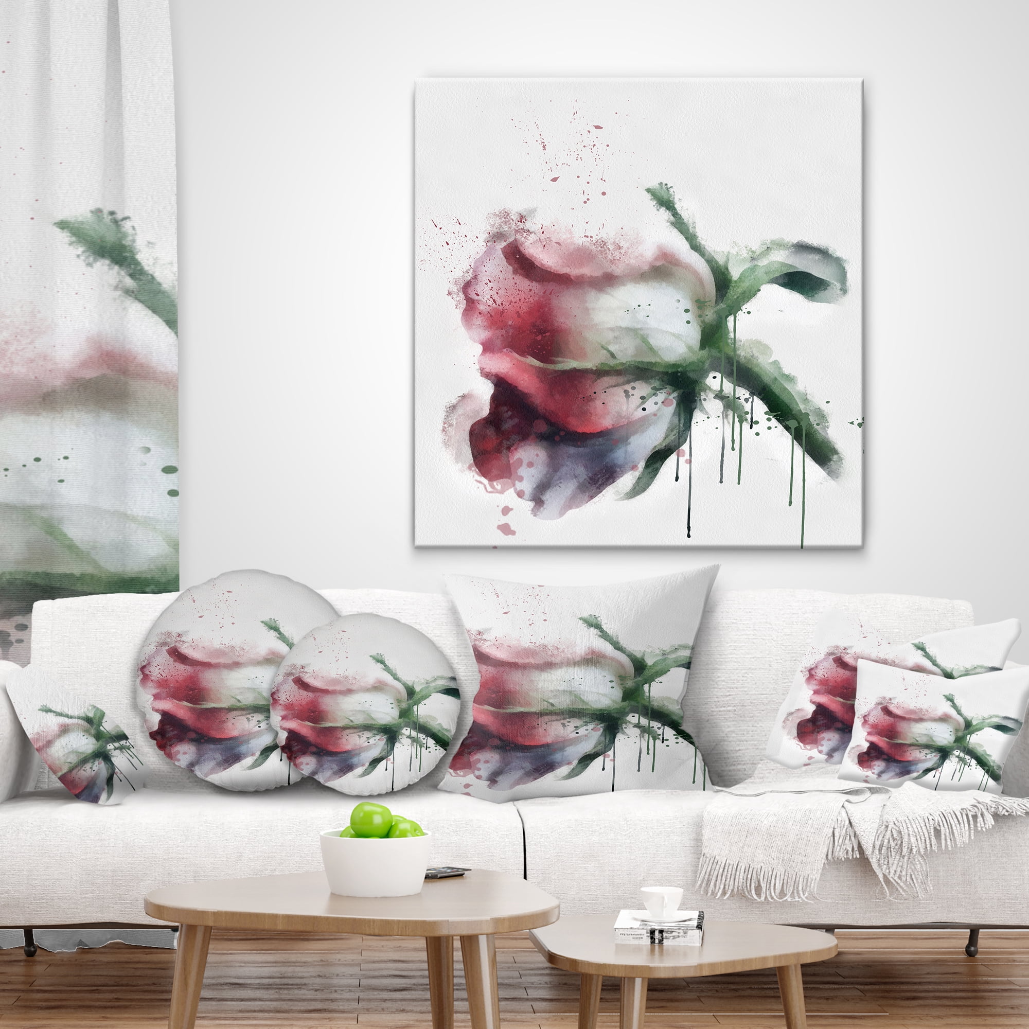 Designart Budding Pink Rose Watercolor Sketch - Flowers Throw Pillowwork - 18x18