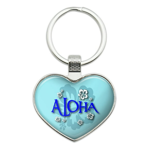 Aloha Hawaiian Greeting Hibiscus Flowers Heart Love Metal Keychain Key Chain Ring