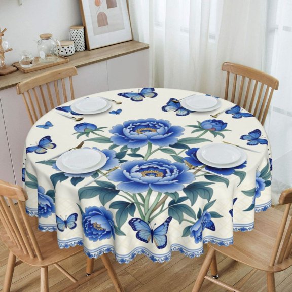 Blue Butterfly Porcelain Wreath Round Tablecloth Waterproof Oil Proof Spill Proof Table Cloth 70" for Camping, Dining, Indoor and Outdoor Table Cover