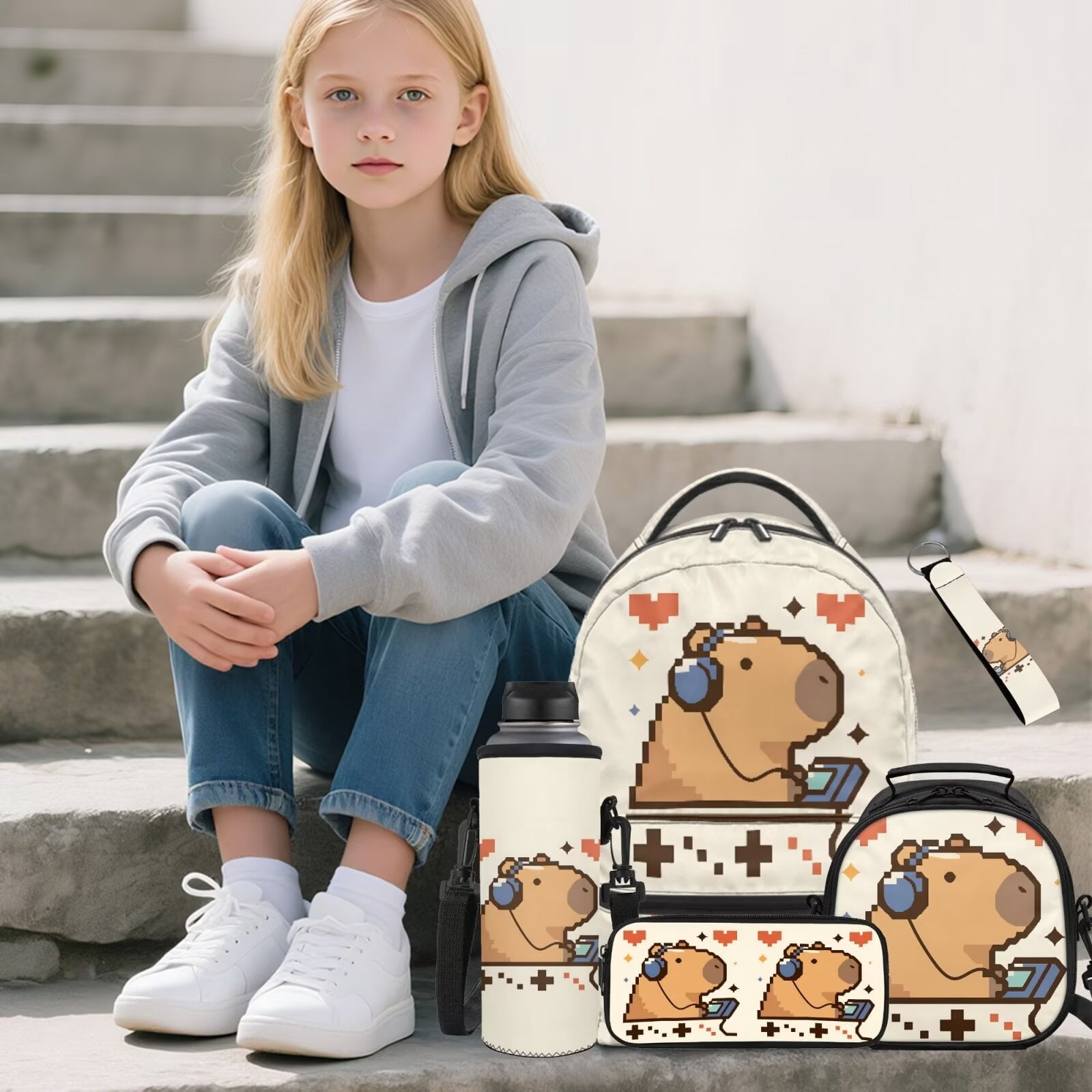 Pzuqiu Art Capybara Girls Backpack with Lunch Box Water Bottle Bag Kawaii Backpacks for School Girls with Adjustable Shoulder Strap, 5 pcs Kawaii Large Capacity Student Bag