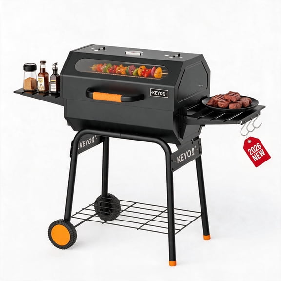 KEYO 科勇 22" Charcoal Grill with Glass Window, 469 Sq. in. Cooking Area, Foldable Side Shelf for Backyard, Black