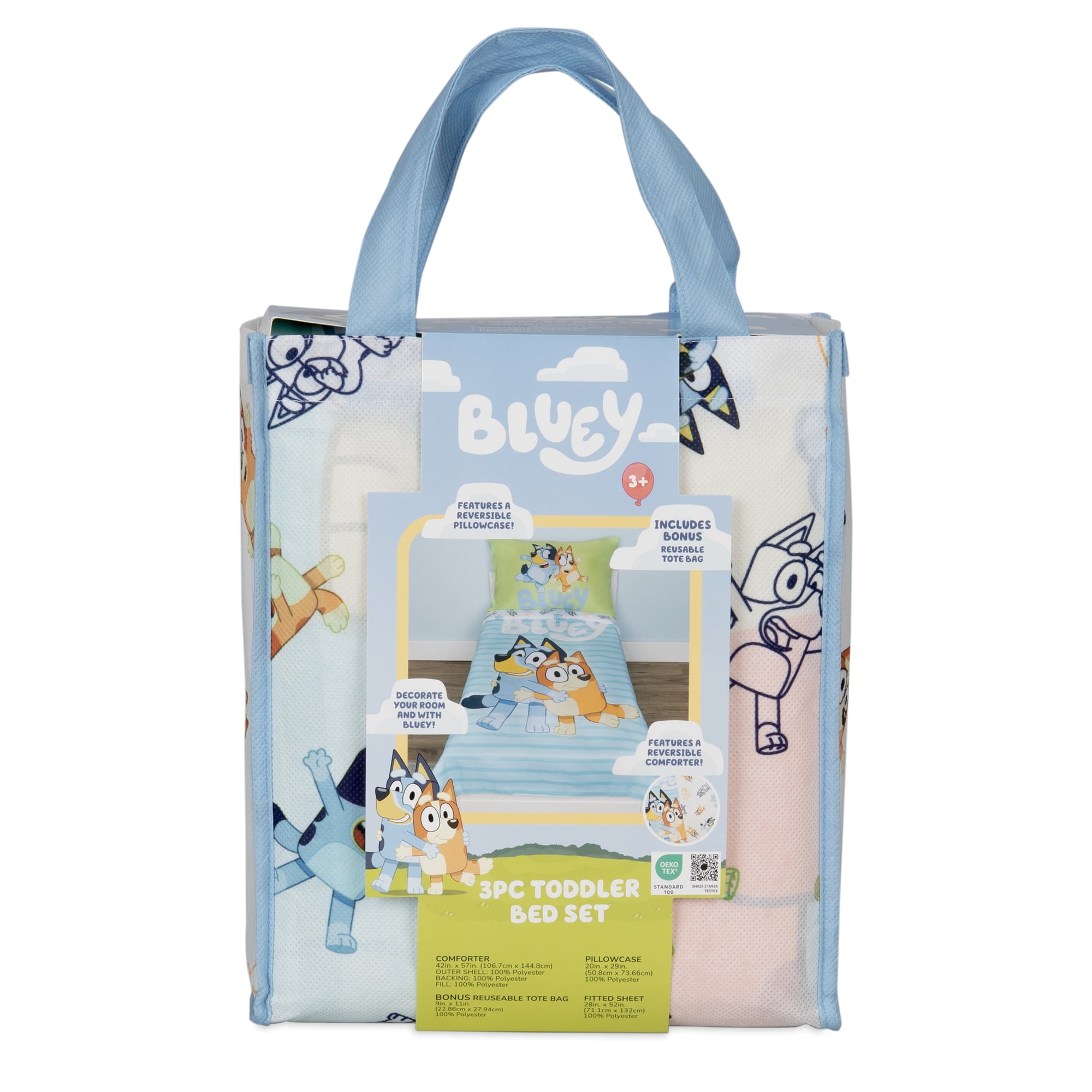 Bluey 3pc Toddler Bed Set w/Print Tote Bag - Bluey and Family
