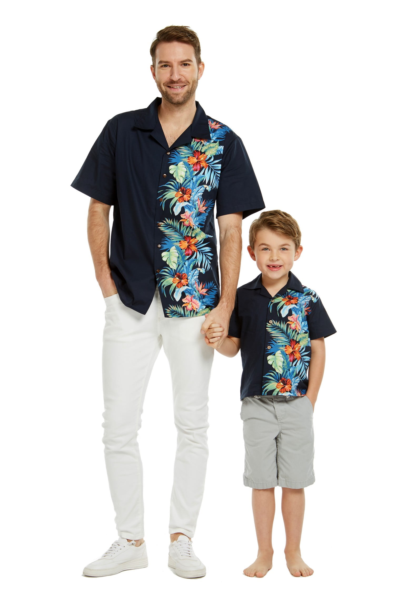 Father Son Matching Aloha Shirts Hawaiian Dance Luau Party Classic navy map 
