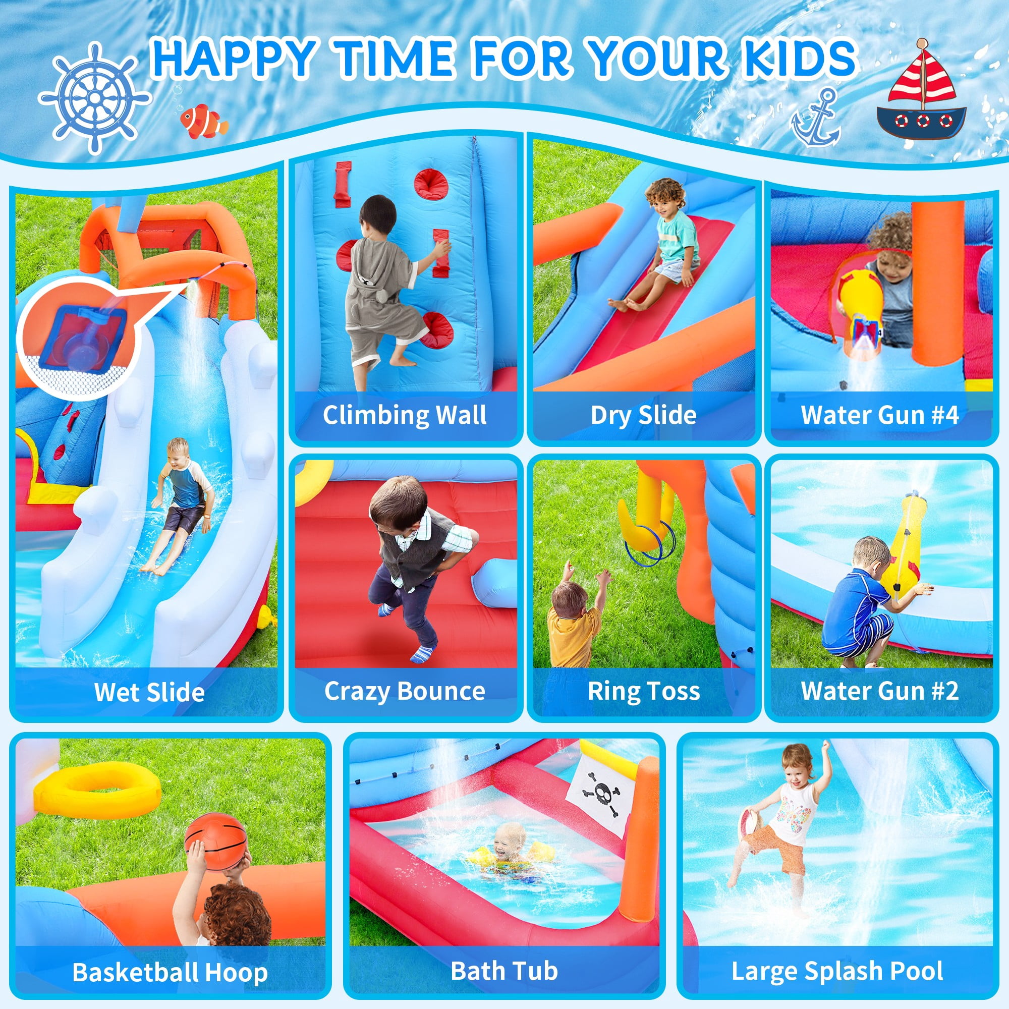 Aukfa Inflatable Water Slide Bounce House with Blower, Double Slide Water Park for Kids 3–12, Kids Play Center with Climbing Wall, Splash Pool, Water Guns for Backyard Birthday Party
