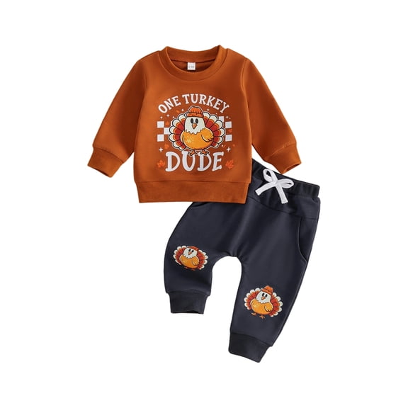 Cenuakty Toddler Boys Thanksgiving Outfits Turkey Print Long Sleeve Tops and Pants