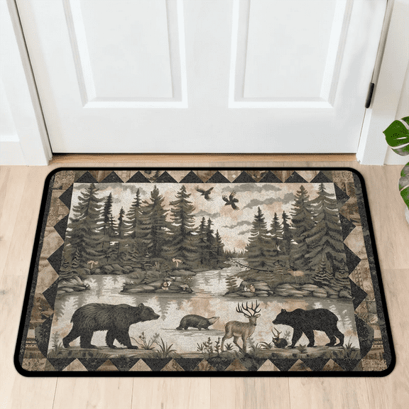 CURLYOOT Vintage Bear Woodland Indoor Doormat, Non-Slip Absorbent Door Mat 24" x 16", Entrance Floor Mat Washable Entry Doormats for Entryway Front Back Door