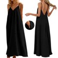 thumbnail image 3 of JIAYUE Women's Dress V Neck Stylish Spaghetti Strap Solid Color Linen Long Dresses Loose Fit Flowy Casual Sundress Sleeveless Vacation For Beach Holiday Daily Wear, 3 of 9