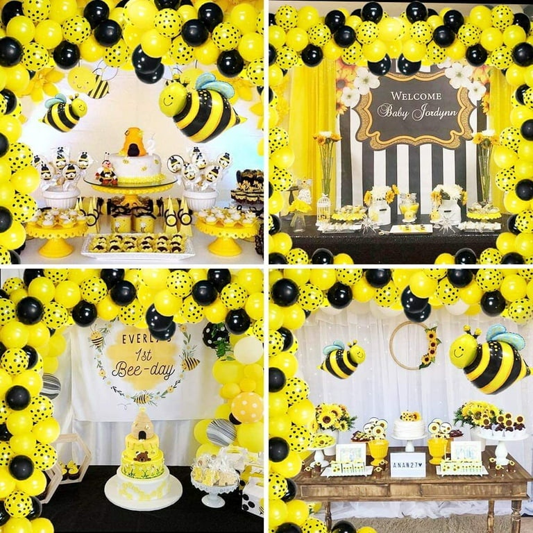 Aowee Bee Theme Balloon Decoration Gender Reveal Party Supplies, Bumblebee Yellow Black Balloons Garland Arch with 2pcs 3D Bee Foil Balloons for Bee