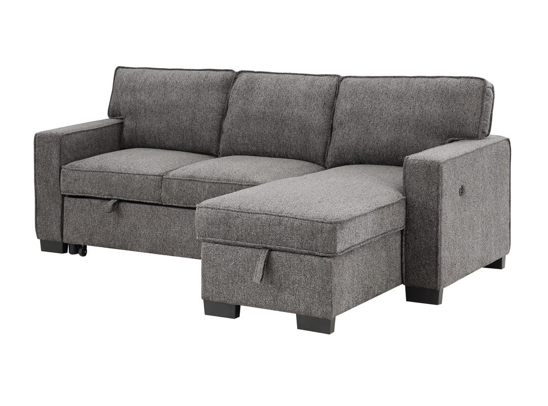 Estelle Dark Gray Fabric Reversible Sleeper Sectional with Storage Chaise DropDown Table 2 Cup