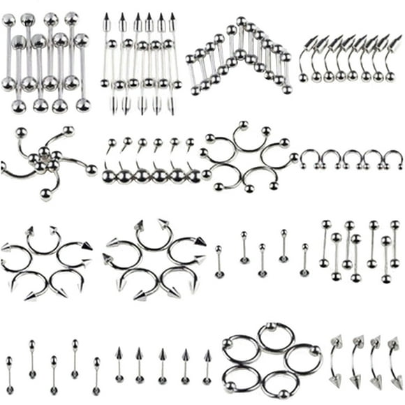 85Pcs Body Piercing Jewelry Kit Assorted Stainless Steel Tongue Lip Eyebrow Nose Belly Ring Set