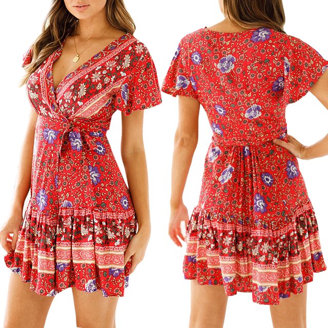 Coofit Robe pour Femme à Col en V à Manches Courtes Robe de Plage Robe Ample Robe Courte pour l'Été