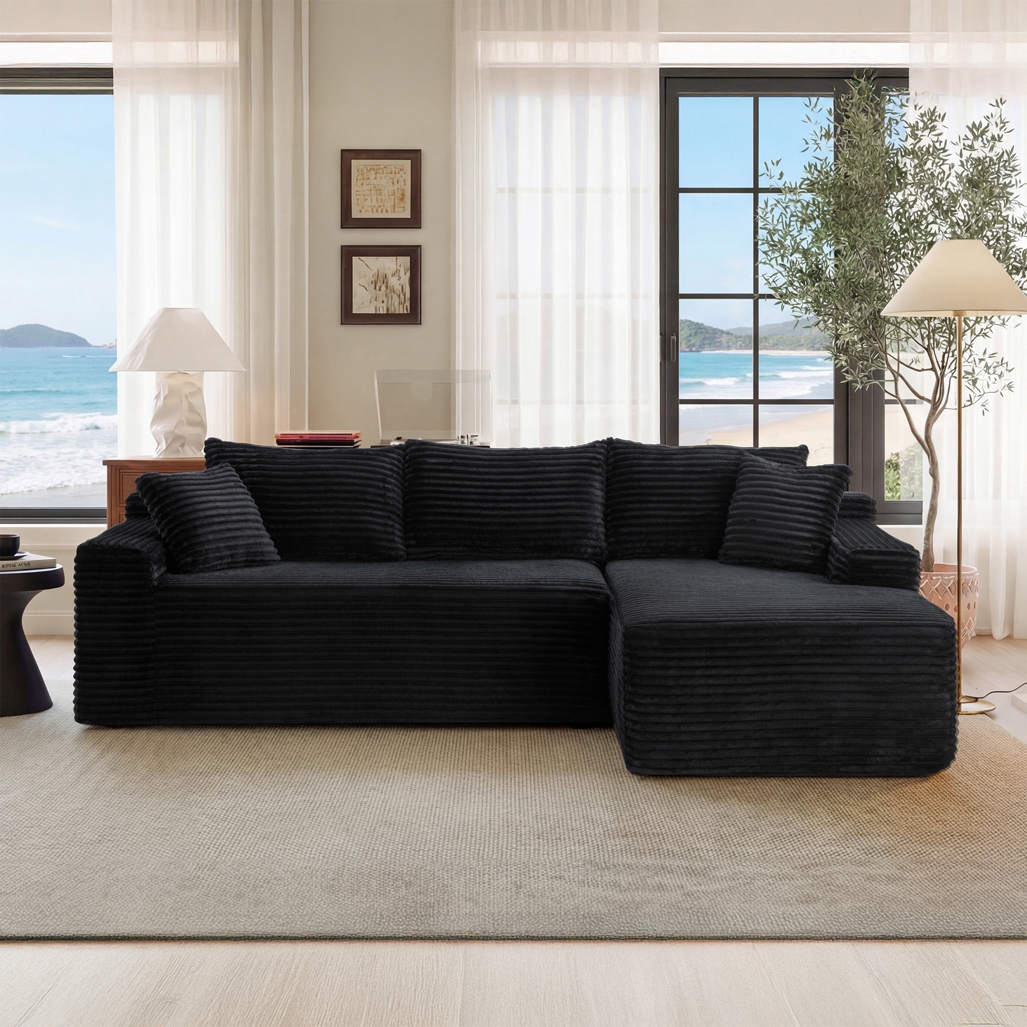 Leumius 94.5 Inch Modular Sectional Couches for Living Room,Modern Upholstered Deep Seat Cloud Couch,Corduroy L-Shape Sofas Couches,No Assembly Required,Black-Right Facing Chaise