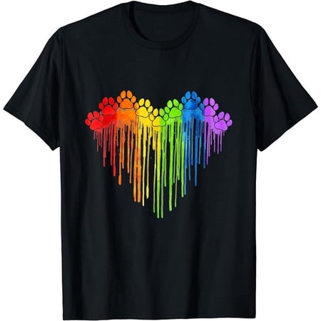Dog Paws Rainbow Colorful Heart Dog Lover Gay Pride LGBT Black T-Shirt