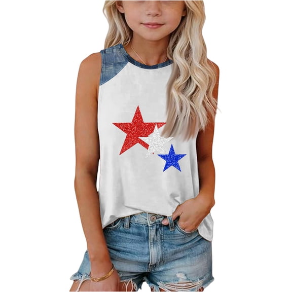 Grblisyd 4th of July Tank Tops for Girls American Flag T-Shirt Kids Independence Day Shirts Crew Neck Patriotic Sleeveless Top Tees 1-13T