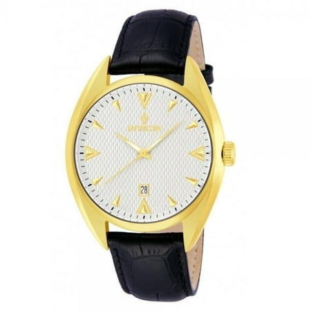 Invicta 12211 Men;s Vintage Black Leather Strap Silver Textured Dial Gold Tone Stainless Steel Watch