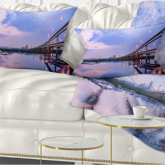Designart Purple Beach with Pier - Seashore Photography Throw Pillow - 12x20