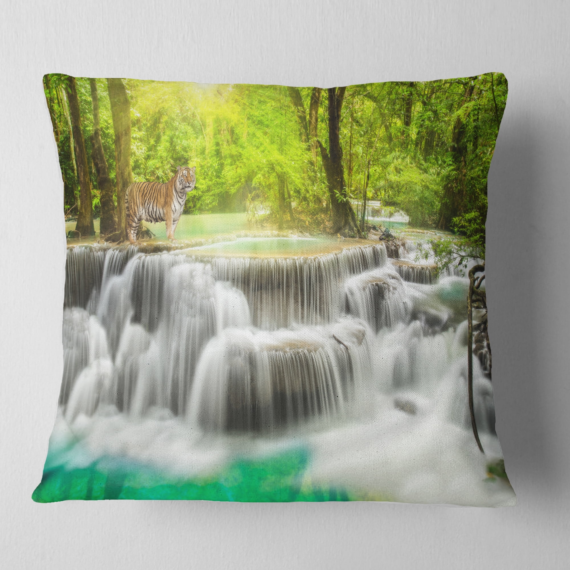 Designart Erawan Waterfall in Kanchanaburi - Photography Throw Pillow - 16x16