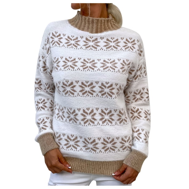 Suéter Suelto Gibobby con Estampado navideño Casual de punto de Bloque de Color navideño para mujer con cuello y rayas Beige L