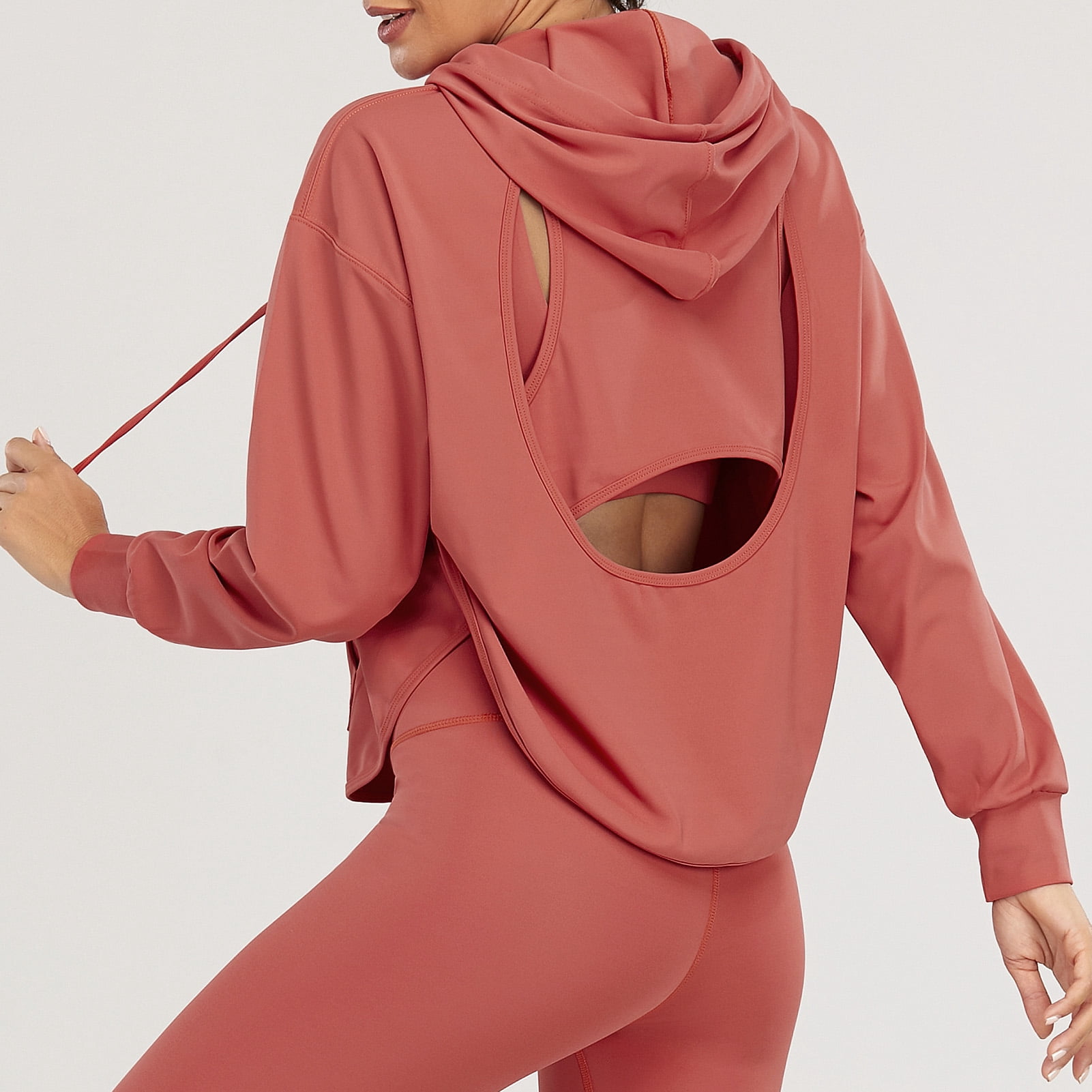 Women Athletic Hoodie Open Back Pocket 