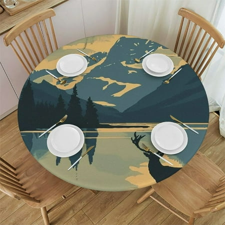 

YANMS Deer Mountain Lake Sunset Round Table Cover Waterproof 100% Polyester Fiber 46-50