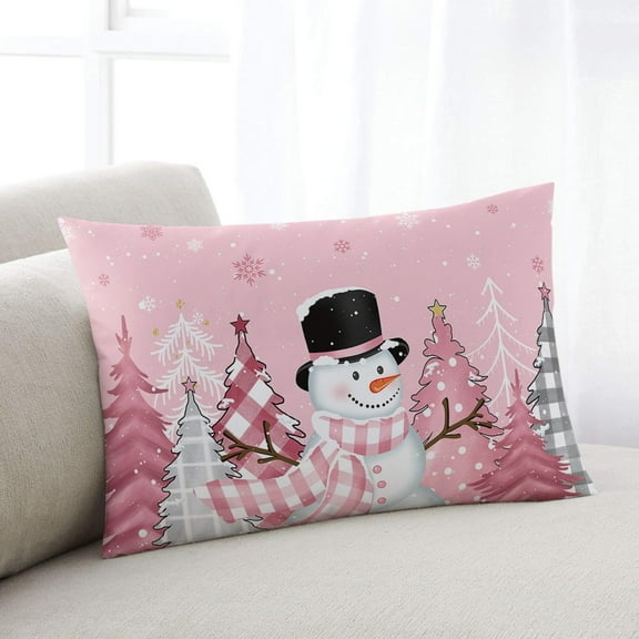 Pink Christmas Throw Pillow Cover Case, Couch Sofa Bed Pillowcase, Soft Decorative Lumbar Pillow Protector, Snowman Pine Tree Snowflake 12x20Inch Reversible Pillow Shams with Zipper