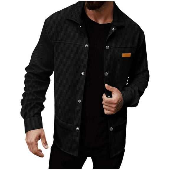 safuny Men's Long Sleeve Lapel Button Up Cardigan Casual Jacket Soft Fabric Zipper Pocket Outdoor Work Sports Apparel Black L