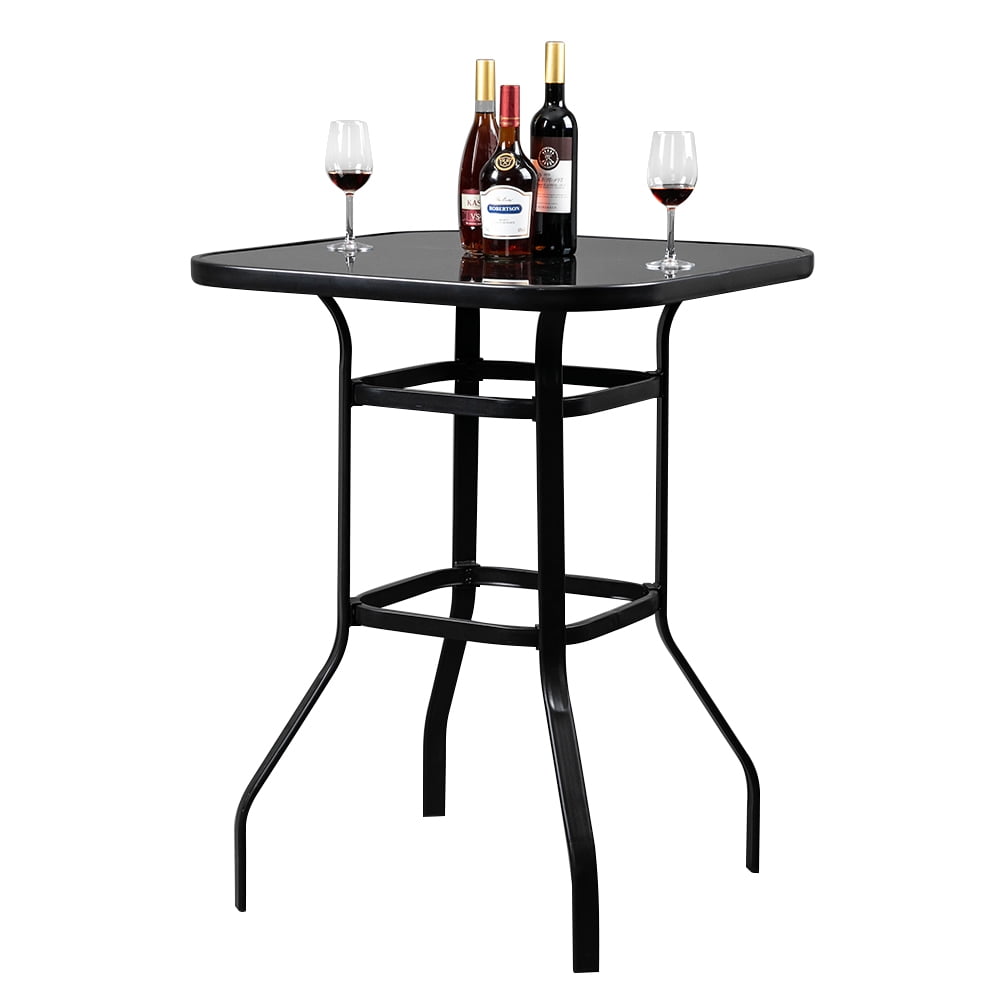 Bar Brown Bar Height Counter Tall Iron Glass High Bar Table Patio Bar Table Outdoor Bistro Glass Top All Weather Metal Frame Square Tempered Furniture for Backyard Poolside Garden 