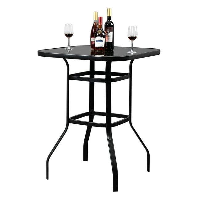 Veryke Patio Bar Table, Bar Height Patio Table for Outdoor Garden, Bistro Glass Top Metal Frame Square Tempered Furniture, Black
