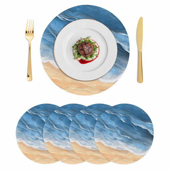 Navy Blue Coastal Beach Round 13 Inch Placemats Set of 4, Summer Nautical Ocean Beige Seaside HeatResistant Non Slip Place Mats for Dining Table, Wipeable Braided Kitchen Table Mats for Housewarming