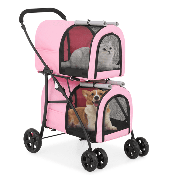 Double Pet Stroller with Detachable Carrier Bags Large 4 Wheels Foldable Jogger for Small and Medium Dog Cats,Pink/Gray