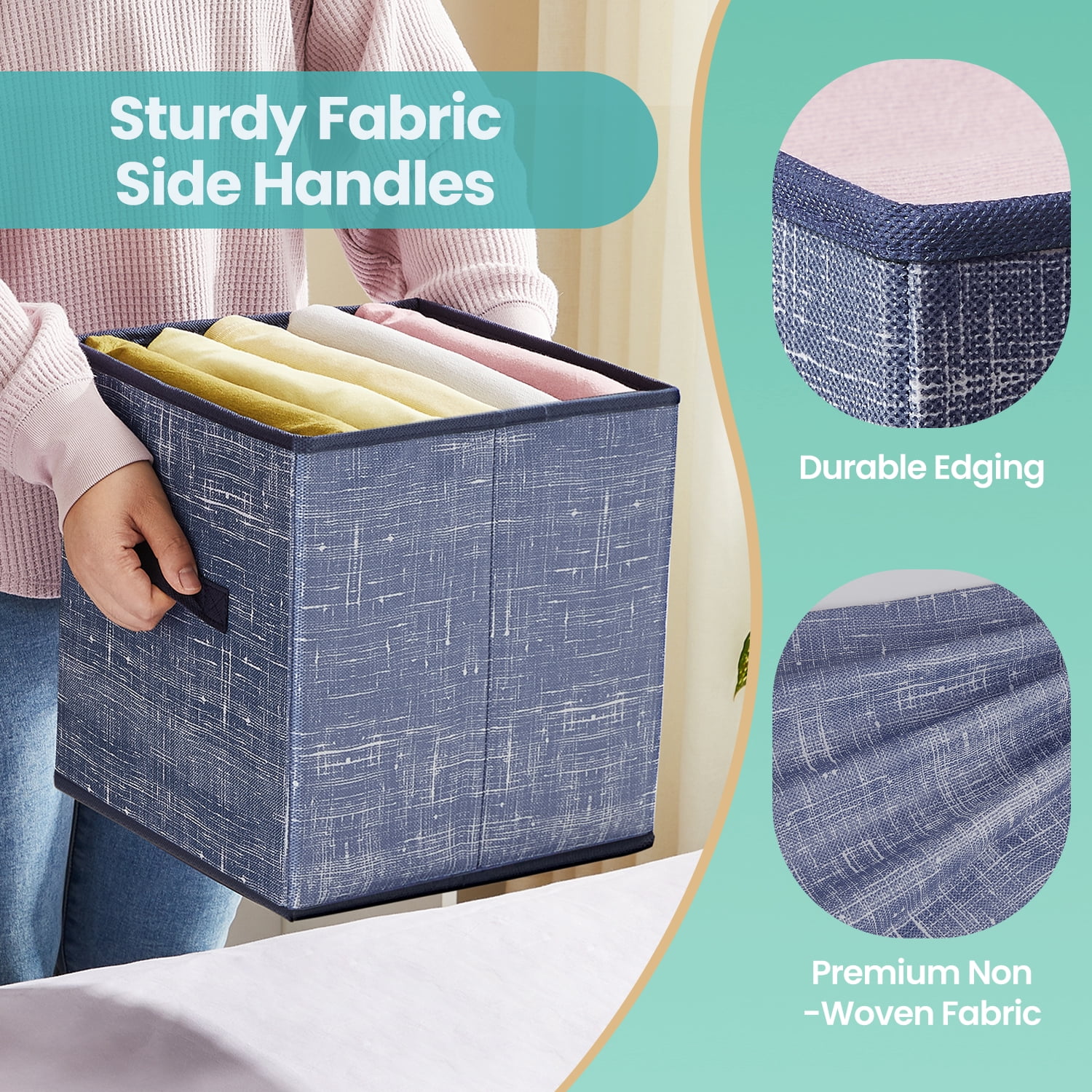 LEDREM 10.2" Storage Cubes Organizer - 6-Pack Foldable Fabric Bins with Double Handles, helves Organizer for Clothes, Toys, Misty Blue