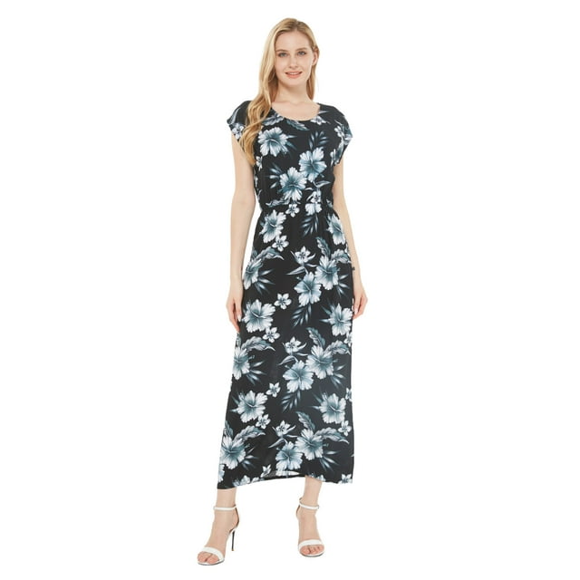 Robe Maxi Simple à Manches Courtes Hawaïenne Luau pour Femmes P Midnight Bloom