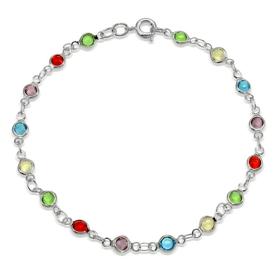 Silver Tone Multi-Color Crystal Chain Link Bracelet, 7.5 inches
