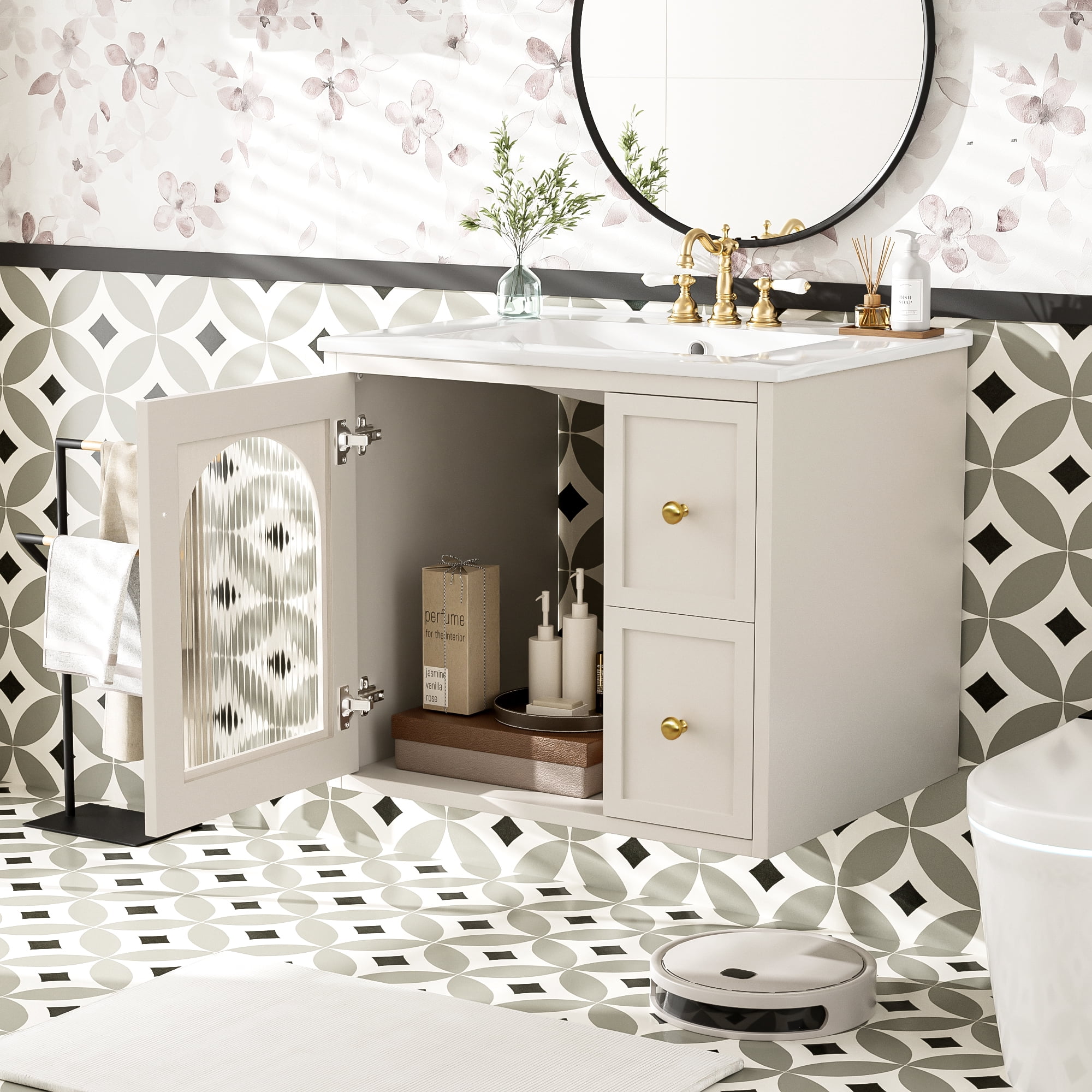 Euroco Wall-Mounted Bathroom Vanity with Ceramic Sink – Glass Door Cabinet, 2 Drawers, Overflow Drain, Easy Assembly & Modern Minimalist Design