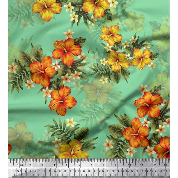 Soimoi Crepe Silk Fabric Floral & Leaves Tropical Printed Craft Fabric by The Yard 42 Inch Wide