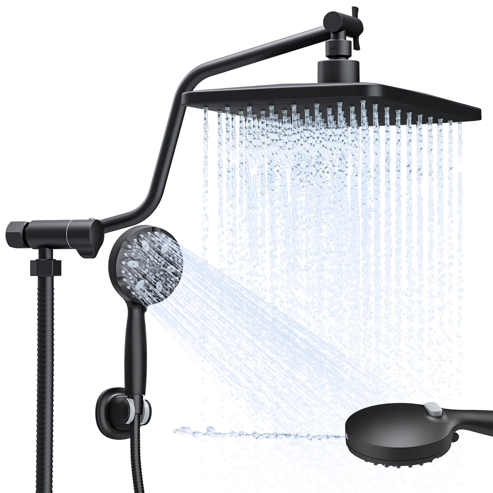 ROSYNEY 10 Inch Rain Shower Head with Handheld Spray, 7-Function Handheld Showerhead, Adjustable Metal Shower Extension Arm, Stainless Steel Hose, Matte Black