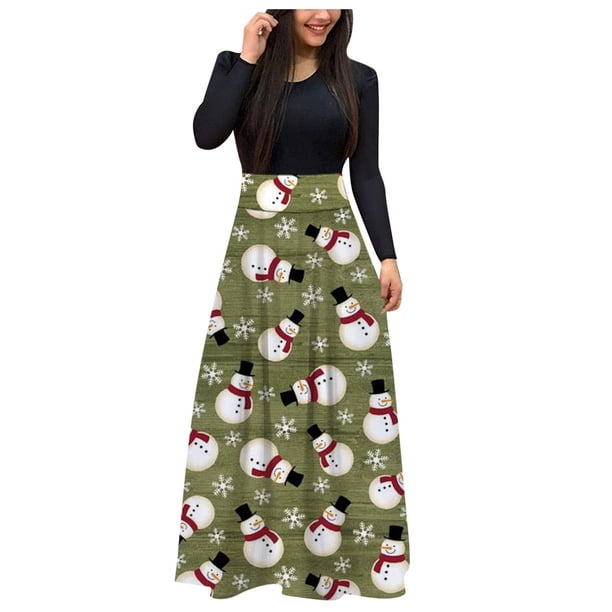 Vestido de manga larga para mujer Navidad cuello redondo Santa muñeco de nieve estampado cintura alta Boho Maxi vestido Casual fiesta vestido de noche Fridja nbo1975
