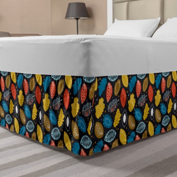 Colorful Bed Skirt, Nature Inspired Doodle Style Pattern with Lively Colored Foliage and Dots, Elastic Bedskirt Dust Ruffle Wrap Around for Bedding Decor, 4 Sizes, Multicolor, by Ambesonne