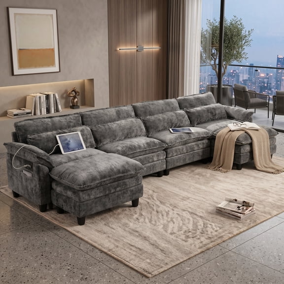 Howcool 148" U-Shaped Modern Sofa Modular Sectional Cloud Couch with 2 Ottoman, 6-Seat Chenille Deep Seat Sofa for Living Room, Bedroom and Apartment, Grey