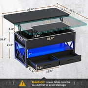 40 Lift Top Coffee Table, 4 in 1 Coffee Tables with Storage for Living Room, Small Farmhouse Coffee Table with 2 Drawers & LED Light for Dining Reception Room, Black