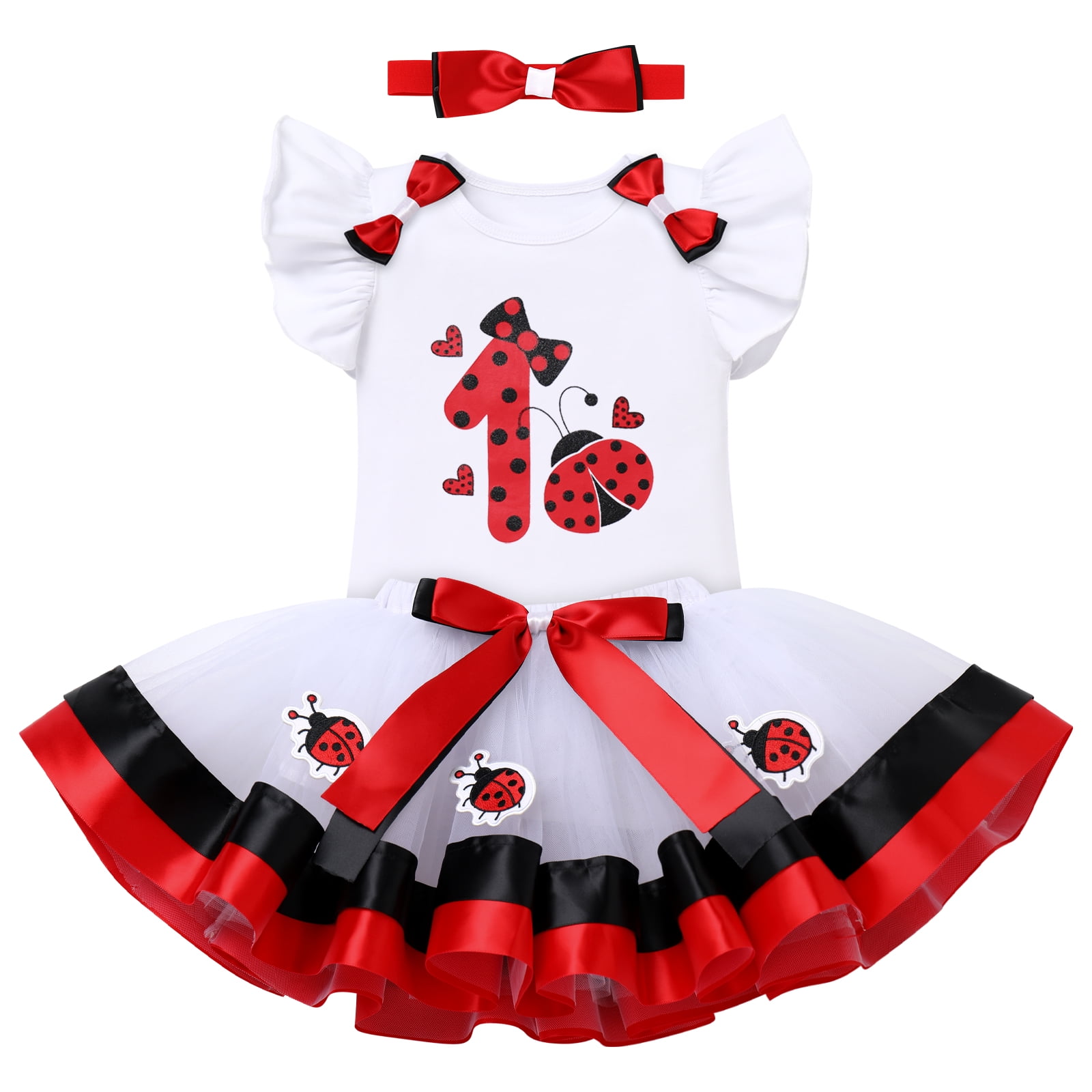 IDOPIP Ladybug Cow Bee 1st Birthday Outfit for Baby Girls Flutter Sleeves Romper Tutu Skirt Headband Bowknot Dress up Costume 