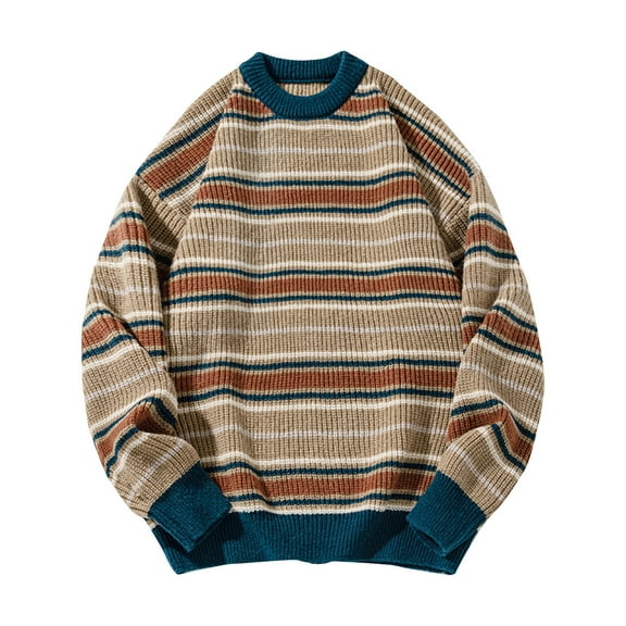 MELDVDIB Mens Crewneck Sweater Striped Printed Slim Stretch Comfy Pullover Tops Fall Winter Long Sleeve Lounge Outfit Khaki 2XL