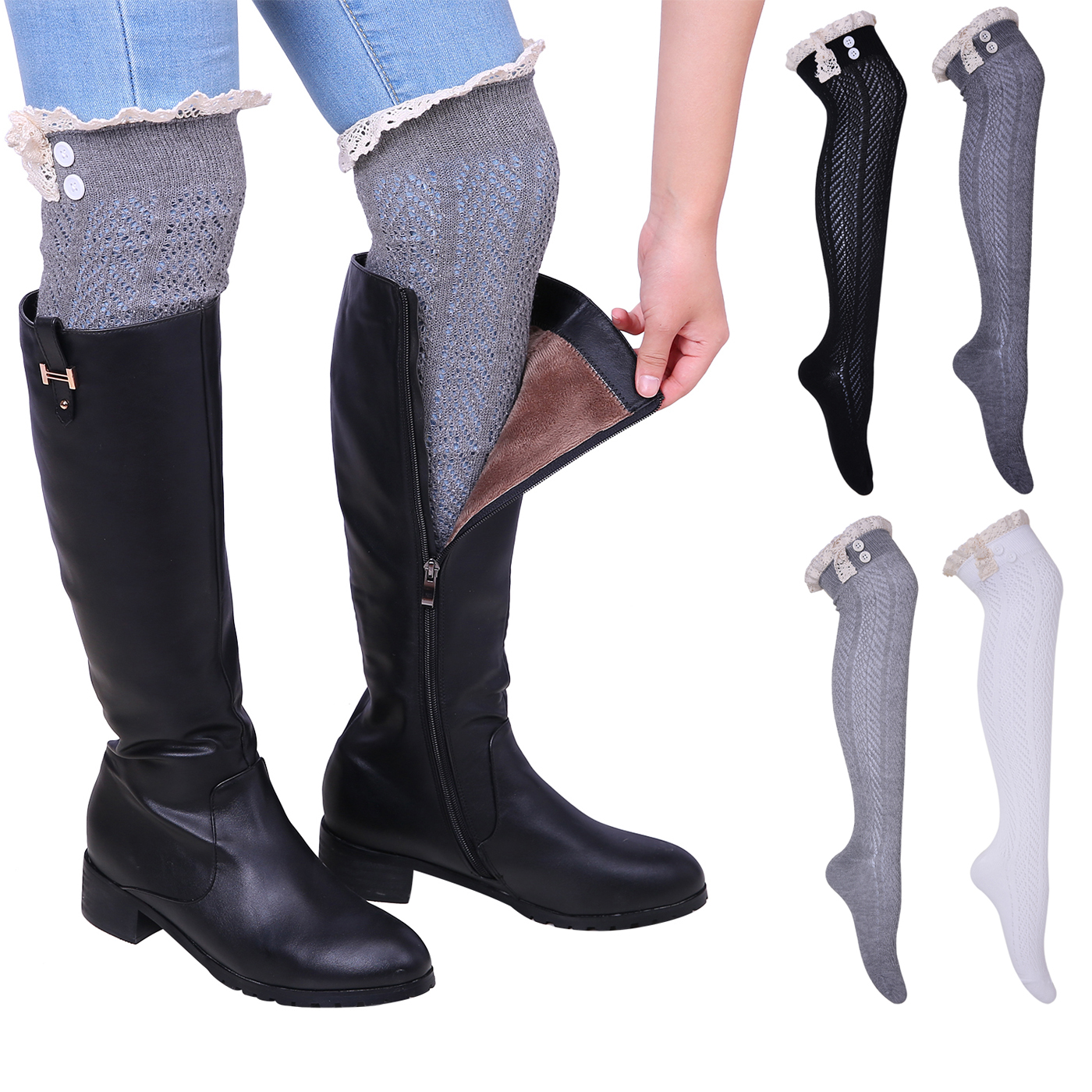 HDE Women's Extra Long Boot Socks Over the Knee High Lace Trim