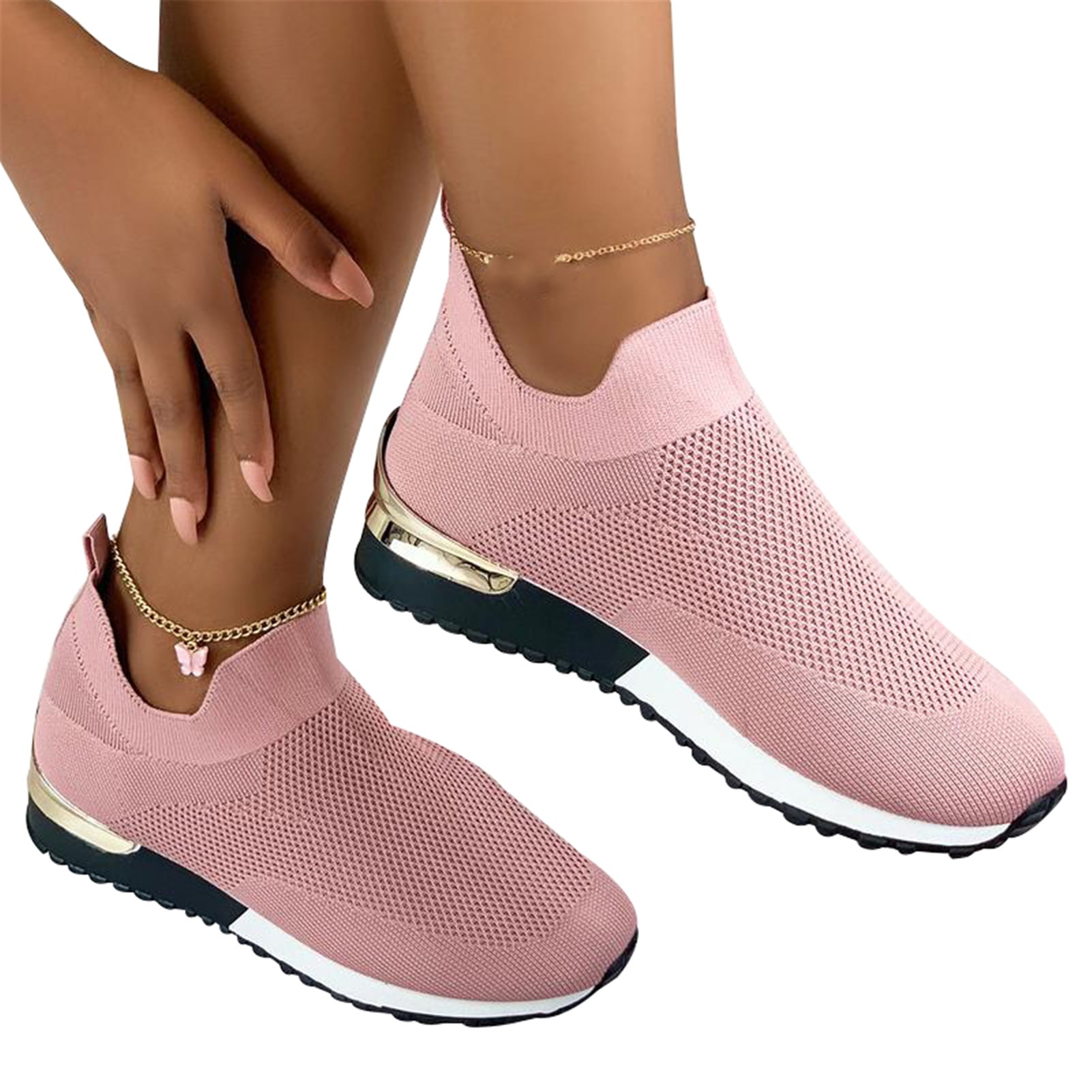 Athletic Walking Shoes Casual Mesh-Comfortable Work Sneakers Elegant Elastic Slip-on Flat Shoes Women's Sneakers Elastic Slip on Flat Walking Shoes with Arch Support 